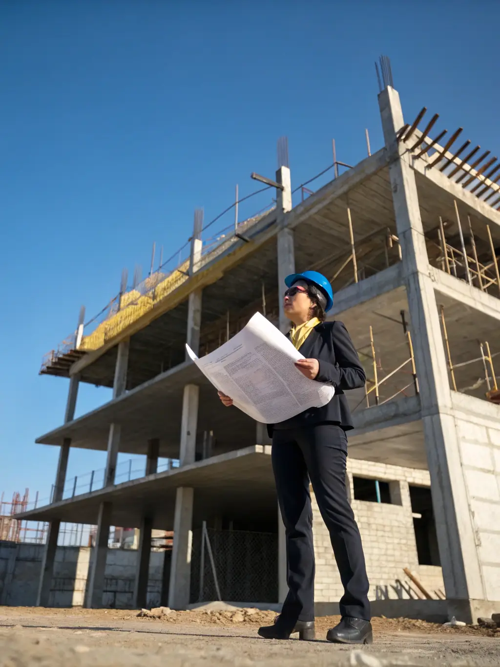 A person standing in front of a half-constructed building, representing the possibility of building a new house with a construction loan from Lenders Depot.