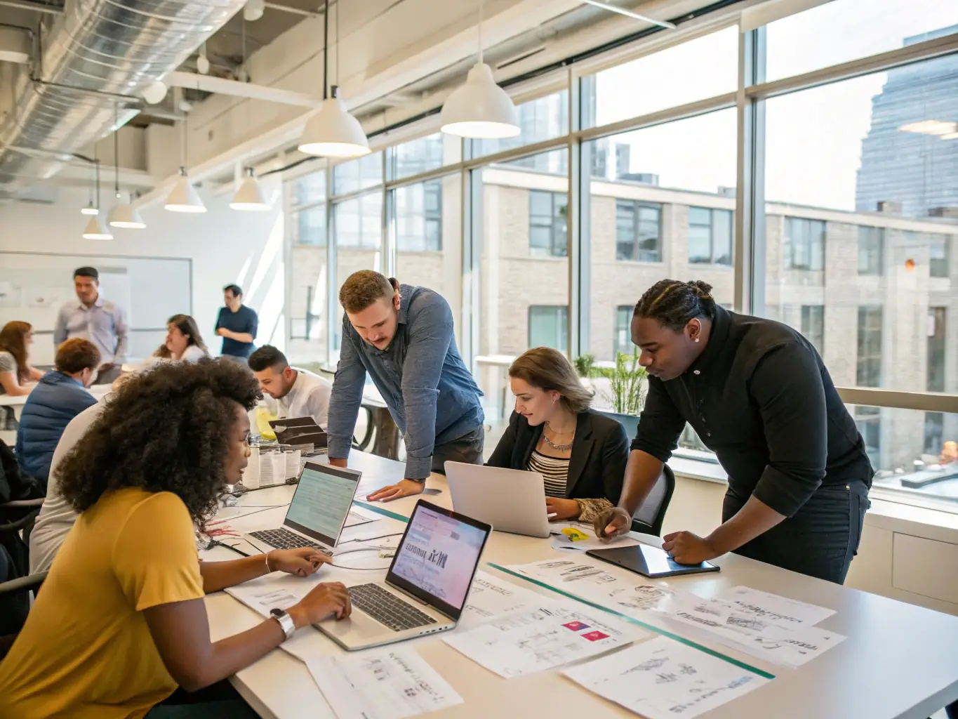 A bustling office environment with employees collaborating, symbolizing business growth and the need for business loans from Lenders Depot.