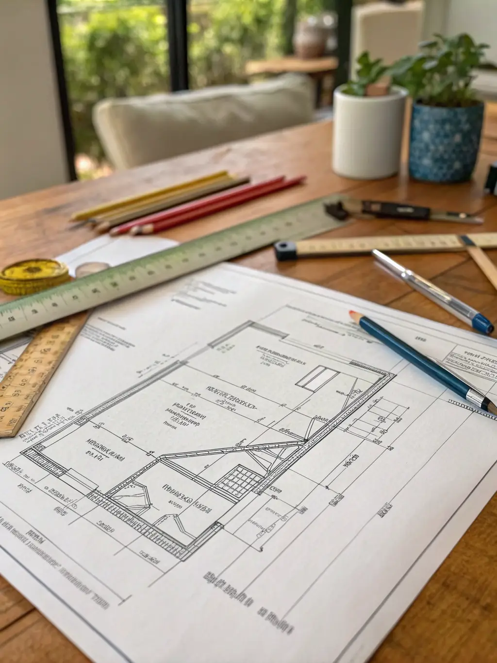 A blueprint of a house under construction, with a hard hat and tools nearby, symbolizing construction loans facilitated by Lenders Depot.