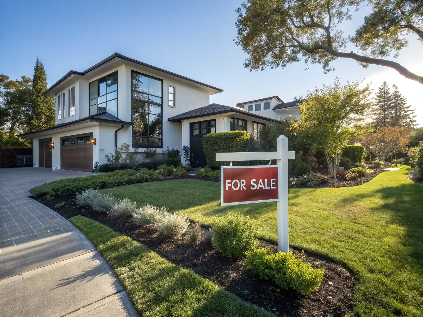 A modern home exterior with a 'For Sale' sign, representing homeownership and the possibility of obtaining a home loan through Lenders Depot.