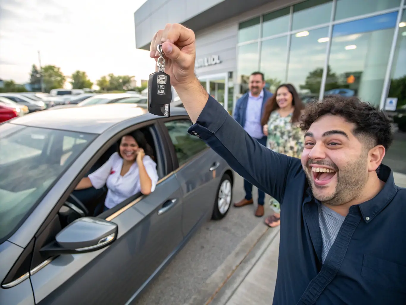 A person smiling while holding car keys, representing the joy of owning a vehicle and the possibility of obtaining a car loan through Lenders Depot.