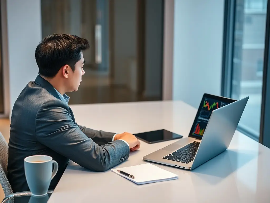 A professional using a laptop in a modern office, analyzing financial data and growth projections, illustrating Lenders Depot's asset finance options for businesses.