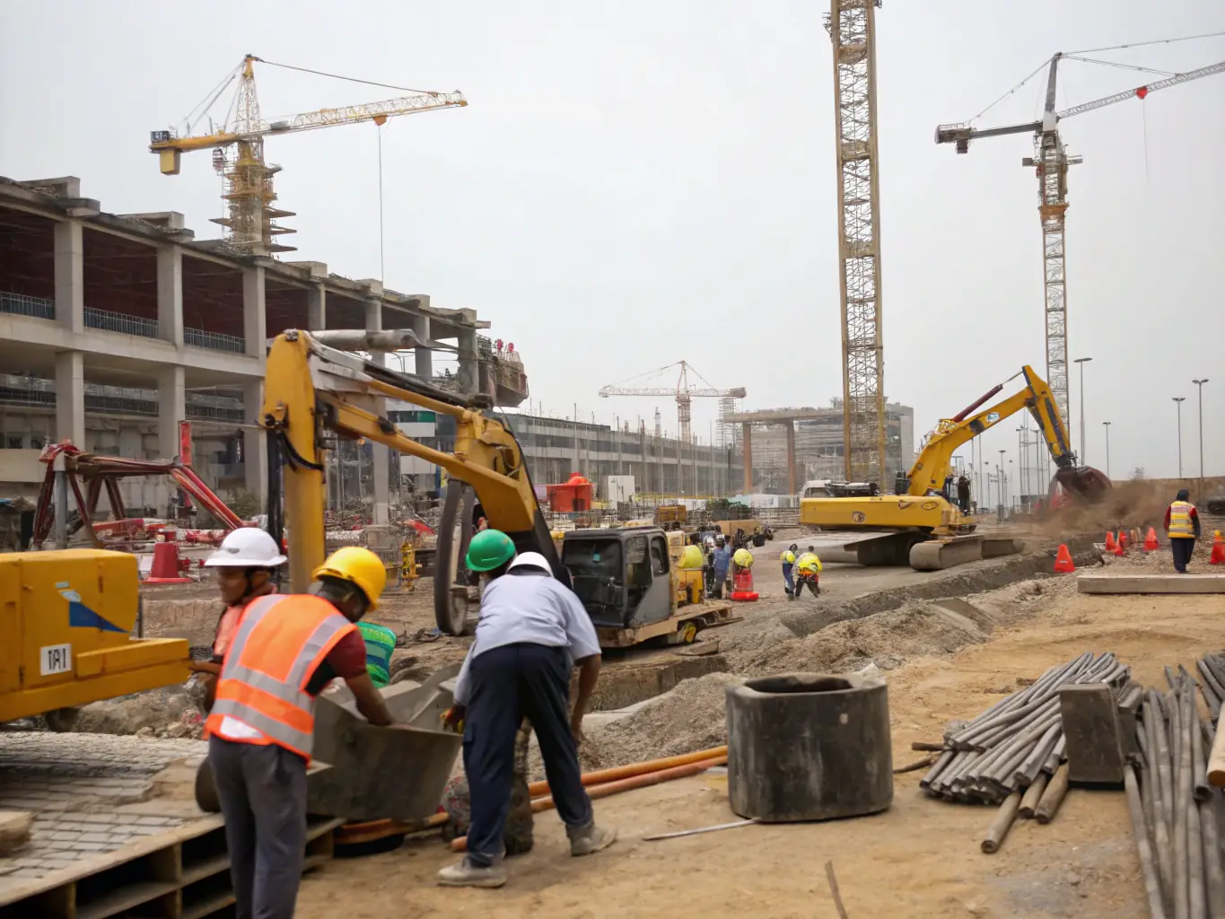 A construction site with heavy machinery and workers, representing Lenders Depot's construction loan services that help businesses expand their infrastructure and operations.