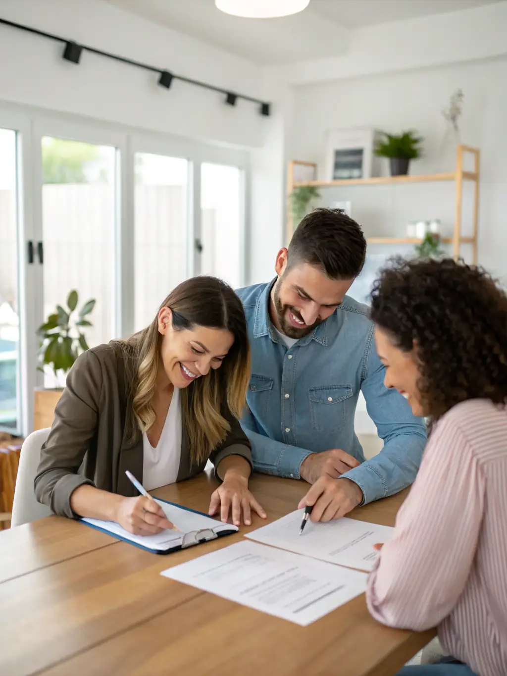 A couple happily signing mortgage papers with a Lenders Depot loan specialist, symbolizing a smooth and supportive loan process.