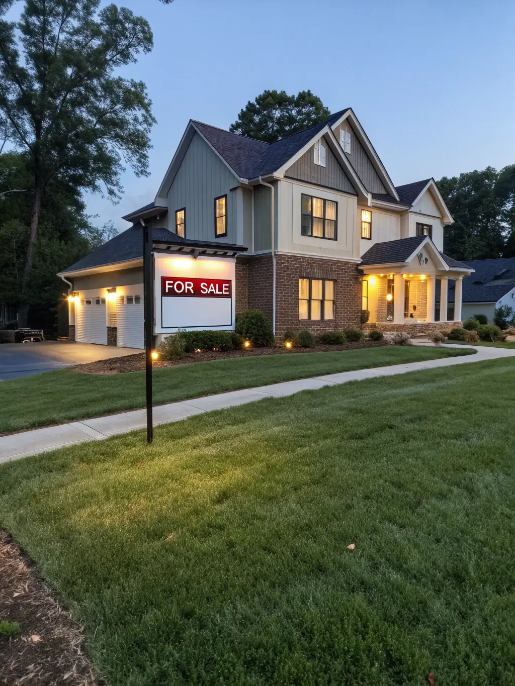 A modern house exterior with a 'Sold' sign in the front yard, bathed in warm sunlight, representing successful homeownership through Lenders Depot.