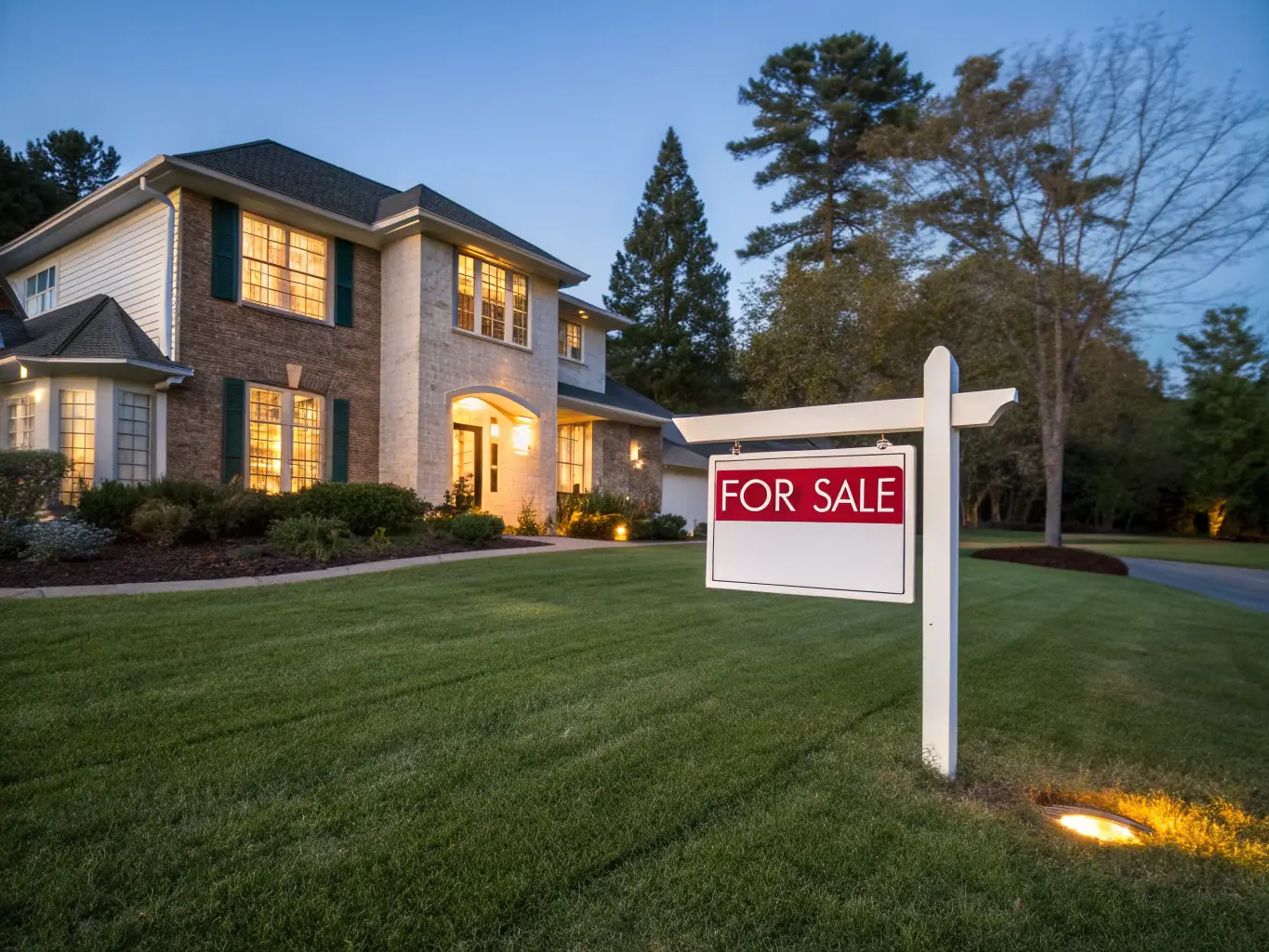A modern home with a 'For Sale' sign in the front yard, bathed in sunlight, representing home loan options from Lenders Depot.