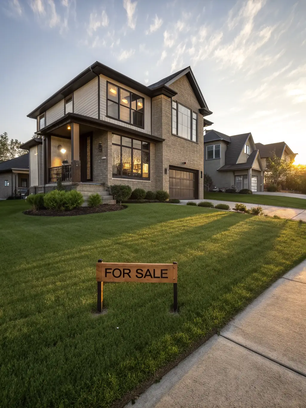 A modern house exterior with a 'For Sale' sign, emphasizing the availability of home loans through Lenders Depot.