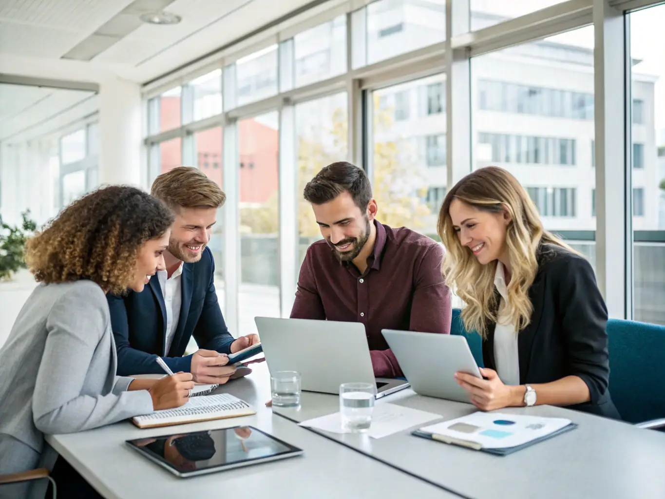 A group of professionals in a modern office setting, collaborating on business strategies, symbolizing business loan opportunities from Lenders Depot.